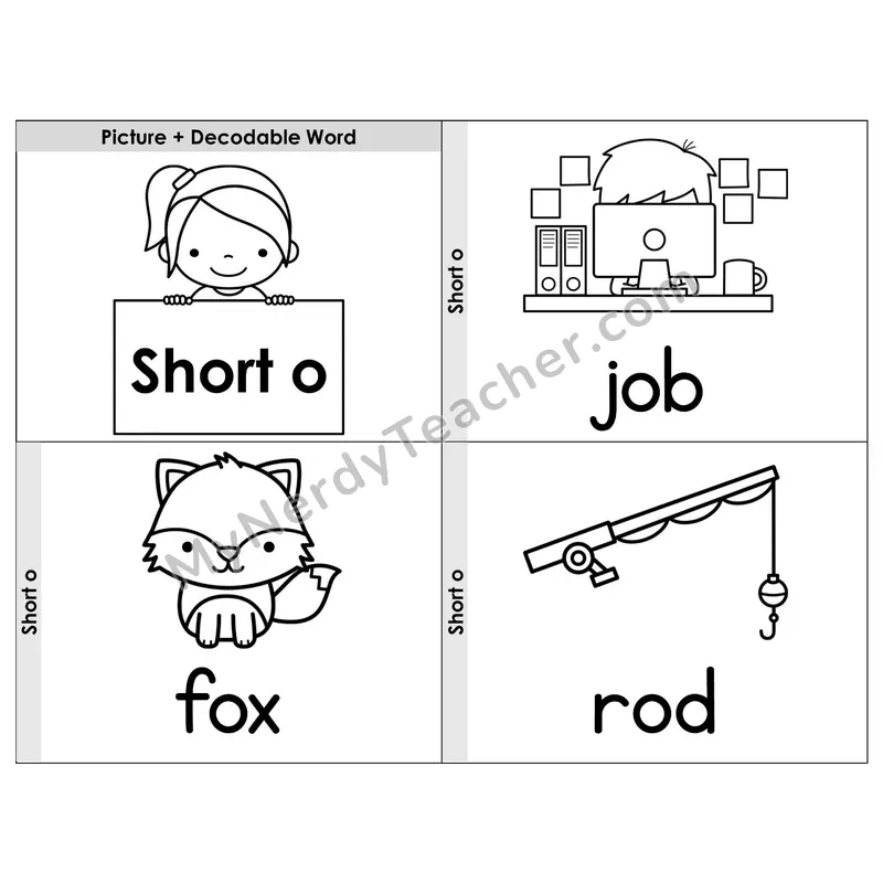 Short O CVC Words Phonics Flip Book — Picture & Word — B&W