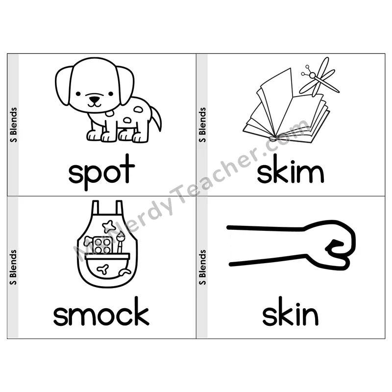 S Blends Phonics Flip Book — Picture & Word — B&W