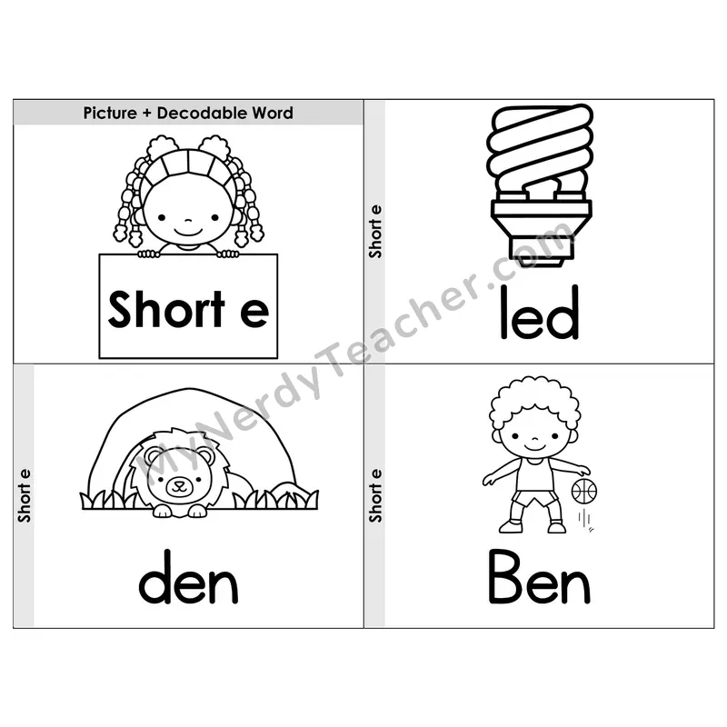 Short E CVC Words Phonics Flip Book — Picture & Word — B&W