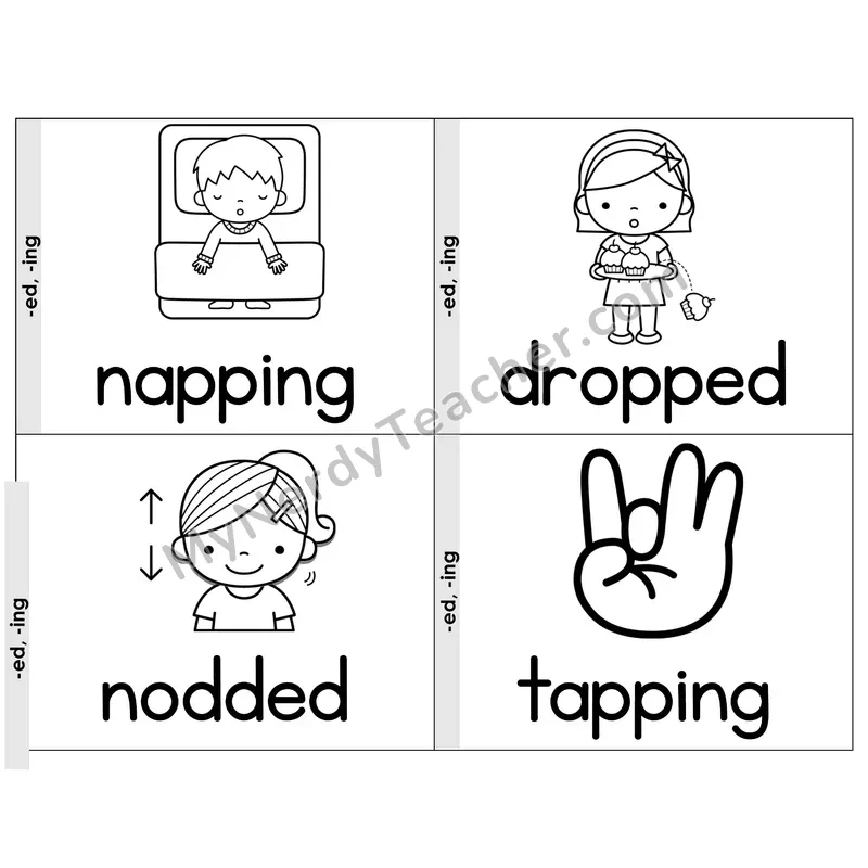 Suffix Doubling Rule (-ed, -ing) Phonics Flip Book — Picture & Word — B&W