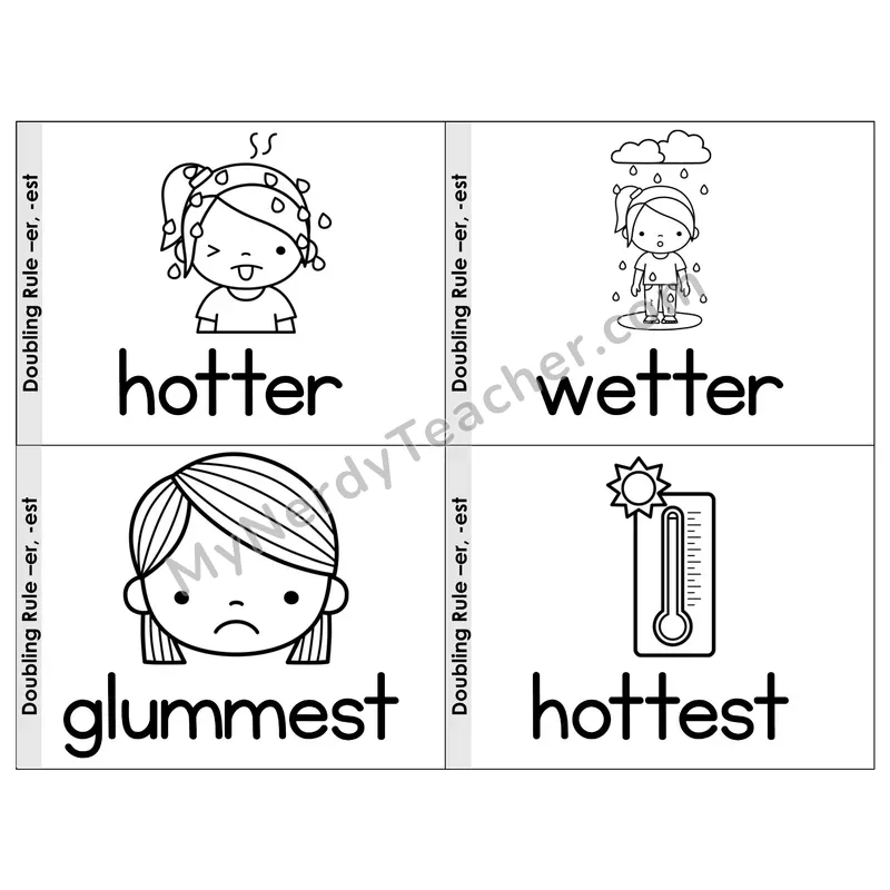 Suffix Doubling Rule (-er, -est) Phonics Flip Book — Picture & Word — B&W