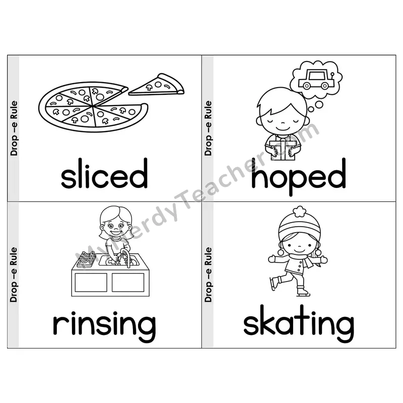 Suffix Drop-e Rule Phonics Flip Book — Picture & Word — B&W