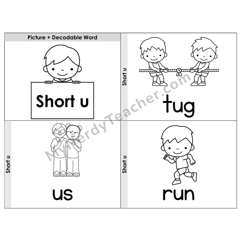 Short U CVC Words Phonics Flip Book — Picture & Word — B&W