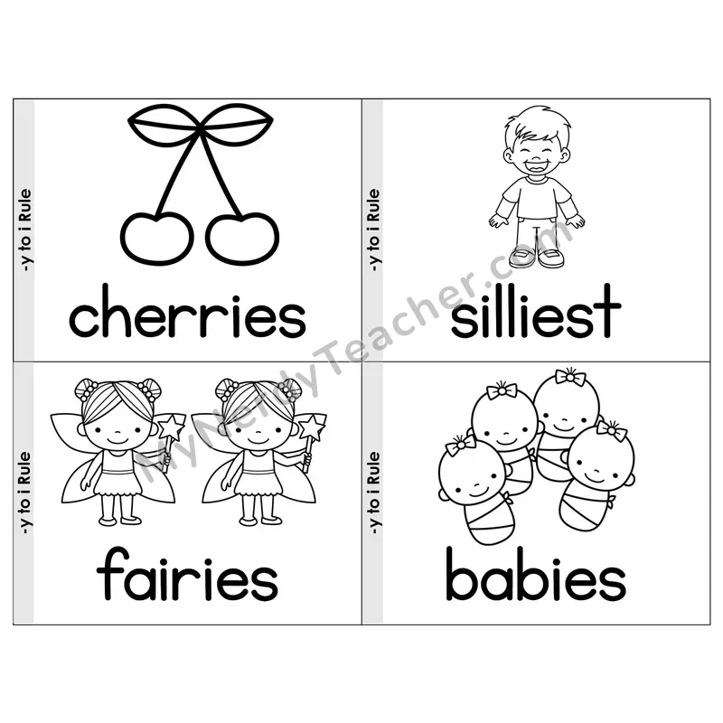 Suffix Spelling Change: Y to I Rule Phonics Flip Book — Picture & Word — B&W