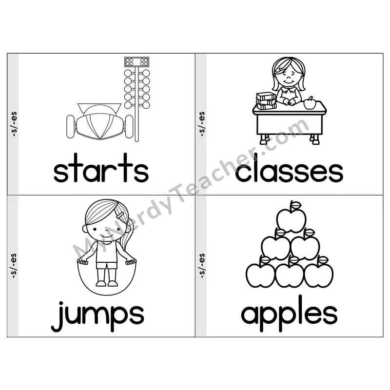 Suffixes -s and -es Phonics Flip Book — Picture & Word — B&W