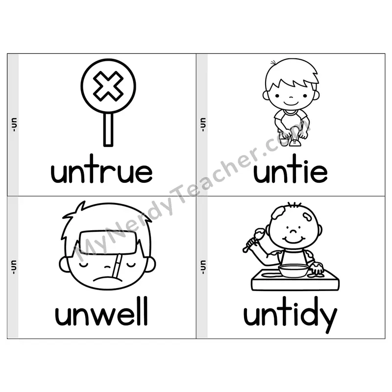 Prefix un- Phonics Flip Book — Picture & Word — B&W