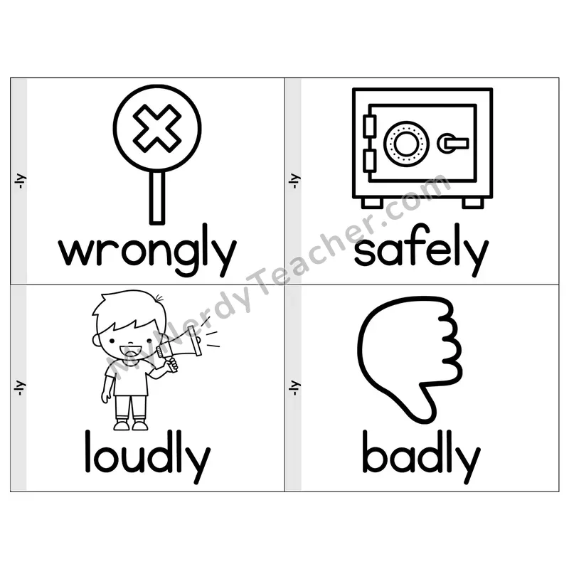 Suffix -ly Phonics Flip Book — Picture & Word — B&W