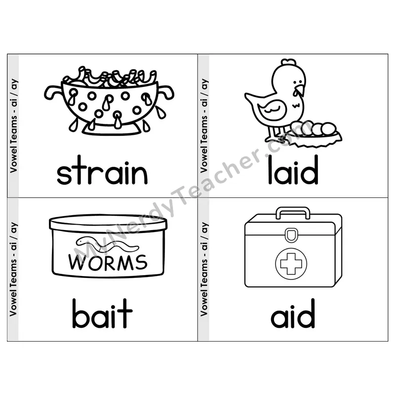 Vowel Teams ai/ay Phonics Flip Book — Picture & Word — B&W