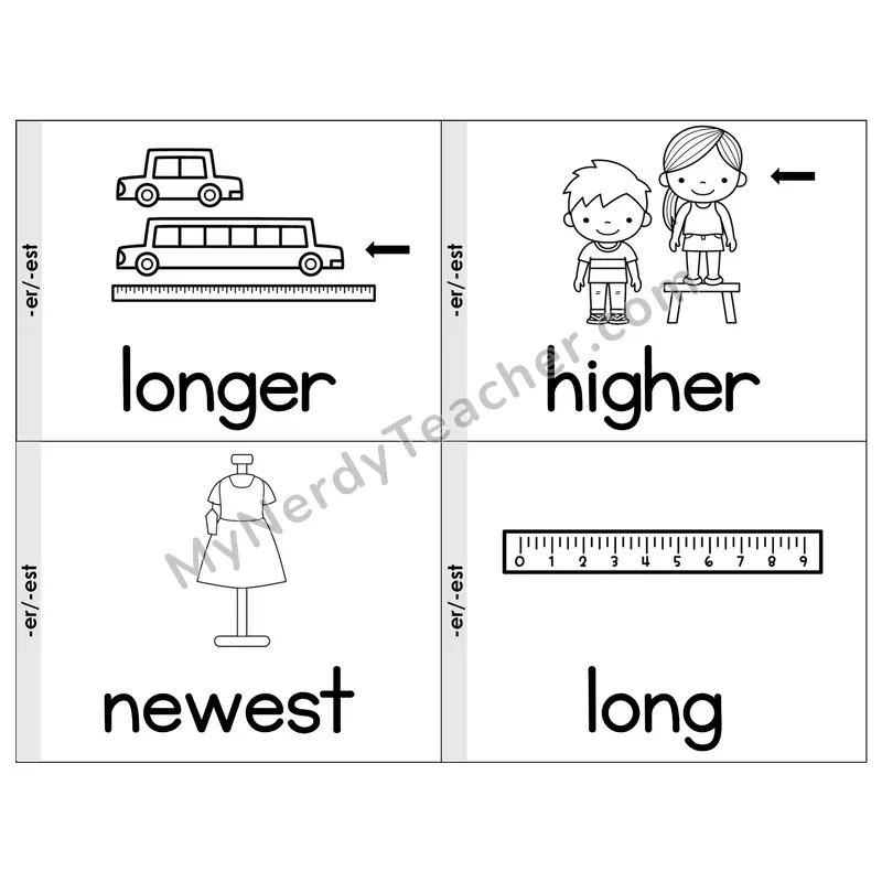 Suffixes -er and -est Phonics Flip Book — Picture & Word — B&W