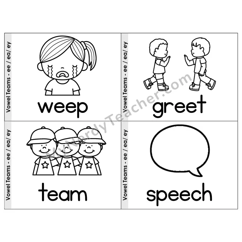 Vowel Teams ee/ea/ey Phonics Flip Book — Picture & Word — B&W