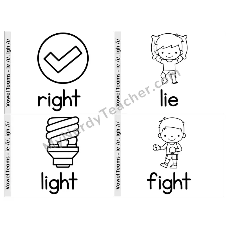 Vowel Teams ie/igh Phonics Flip Book — Picture & Word — B&W