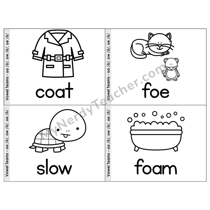 Vowel Teams oa/ow/oe Phonics Flip Book — Picture & Word — B&W