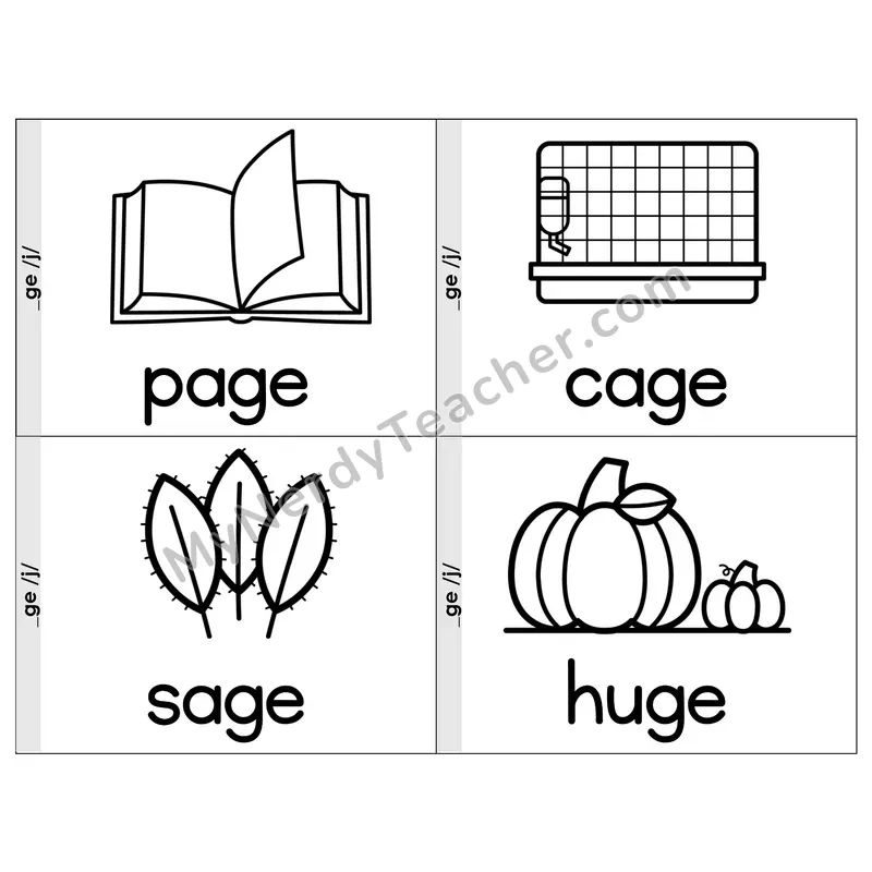 Soft G (_ge) Phonics Flip Book — Picture & Word — B&W