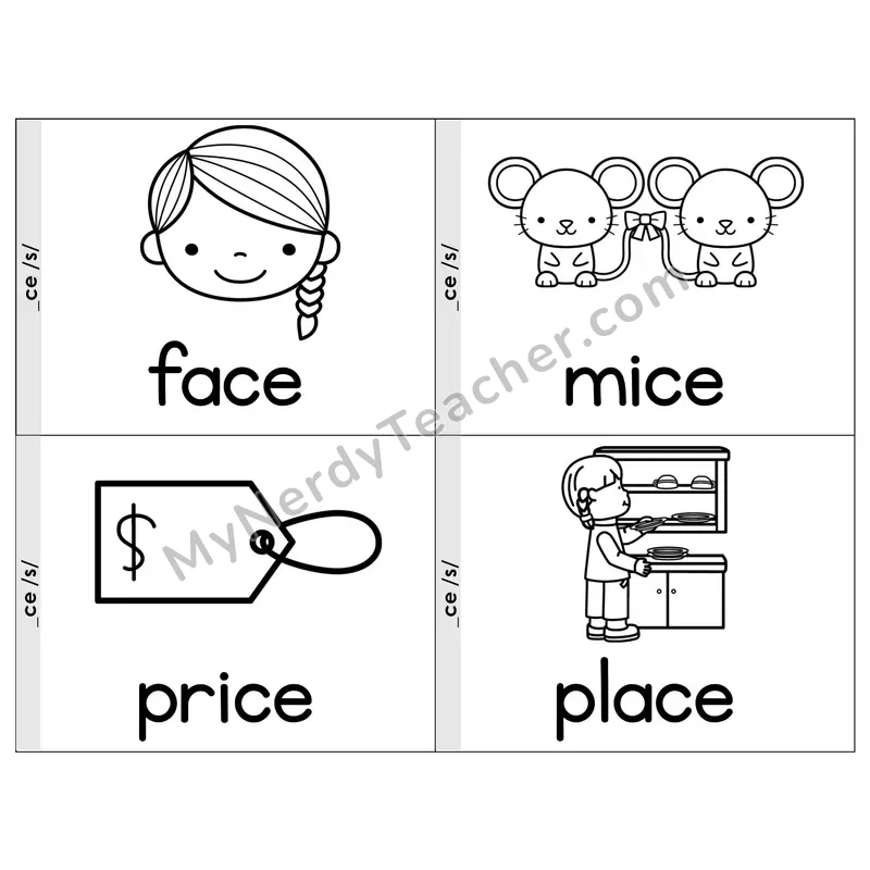 Soft C (_ce) Phonics Flip Book — Picture & Word — B&W