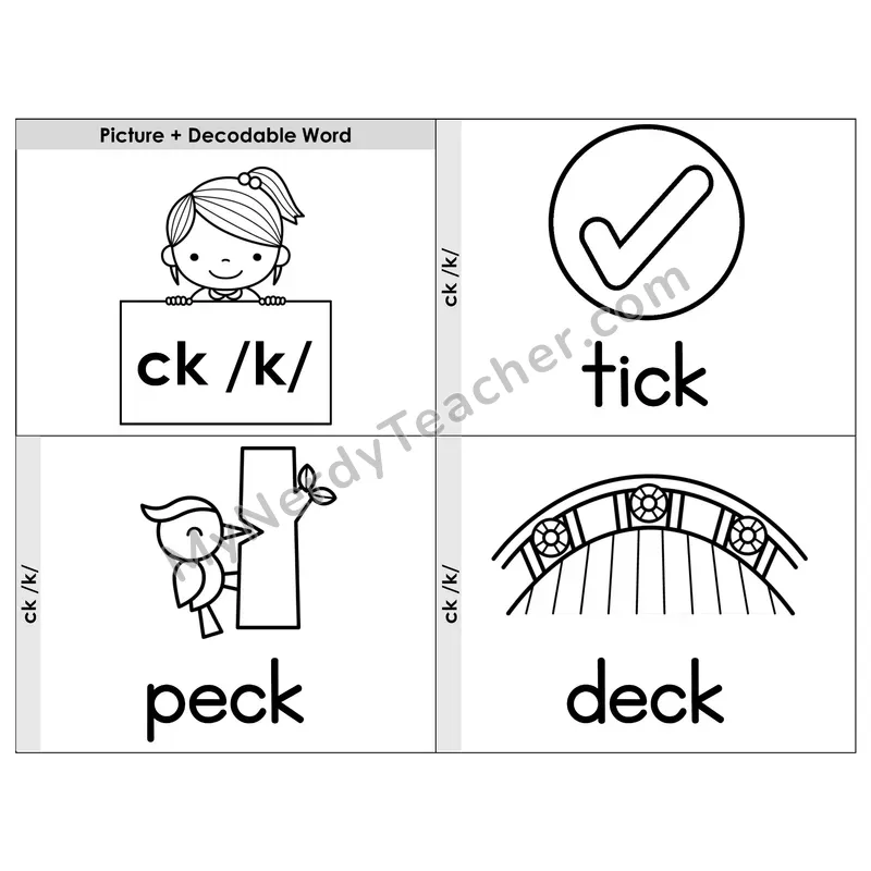 Digraph ck Phonics Flip Book — Picture & Word — B&W