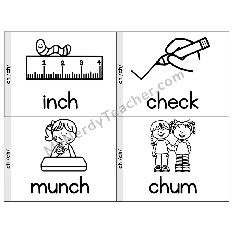 Digraph ch Phonics Flip Book — Picture & Word — B&W