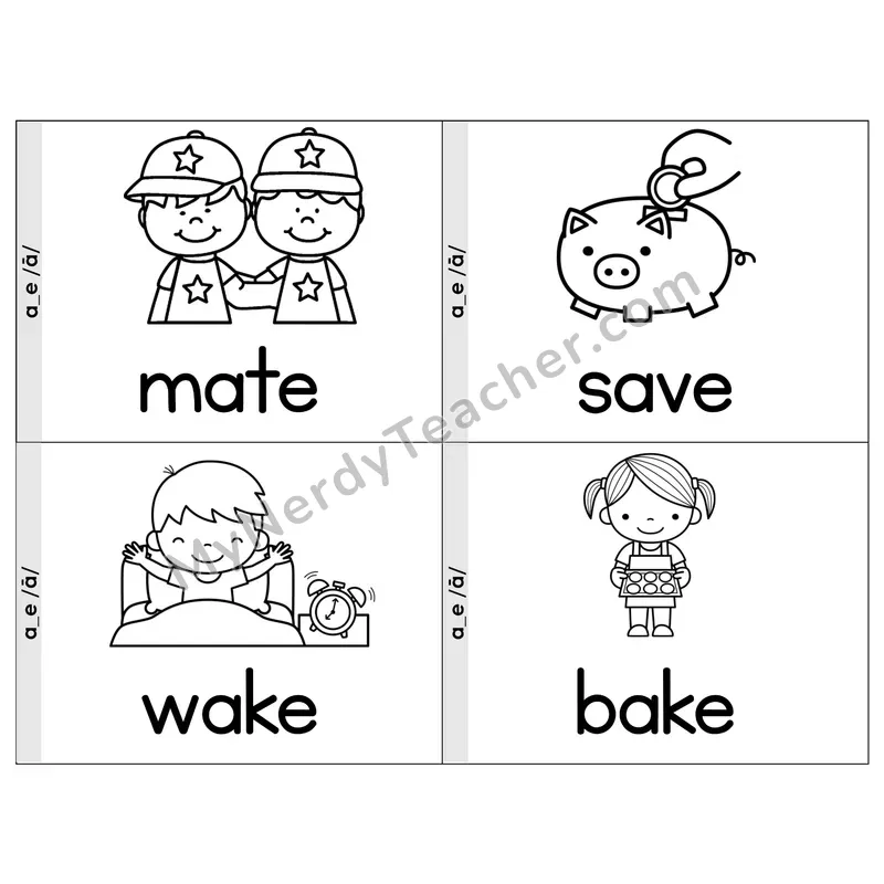 Long A (a_e) VCe Phonics Flip Book — Picture & Word — B&W