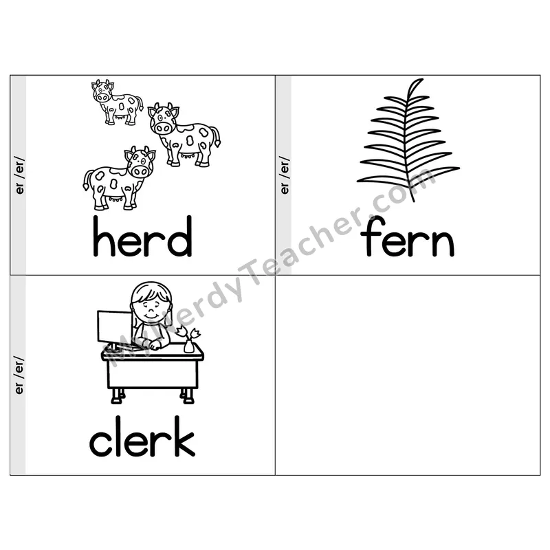 R-Controlled Vowel er Phonics Flip Book — Picture & Word — B&W