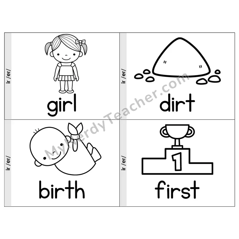 R-Controlled Vowel ir Phonics Flip Book — Picture & Word — B&W