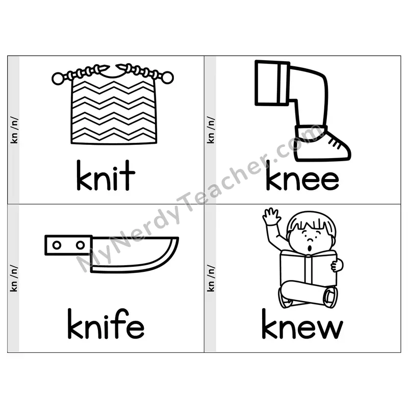 Silent Letter kn Phonics Flip Book — Picture & Word — B&W
