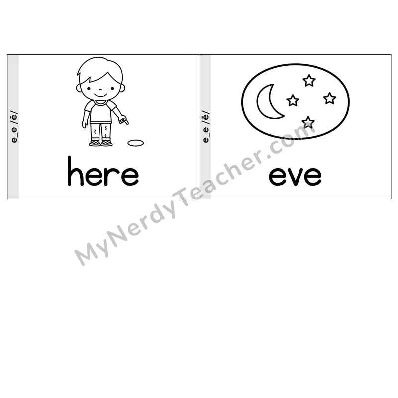 Long E (e_e) VCe Phonics Flip Book — Picture & Word — B&W