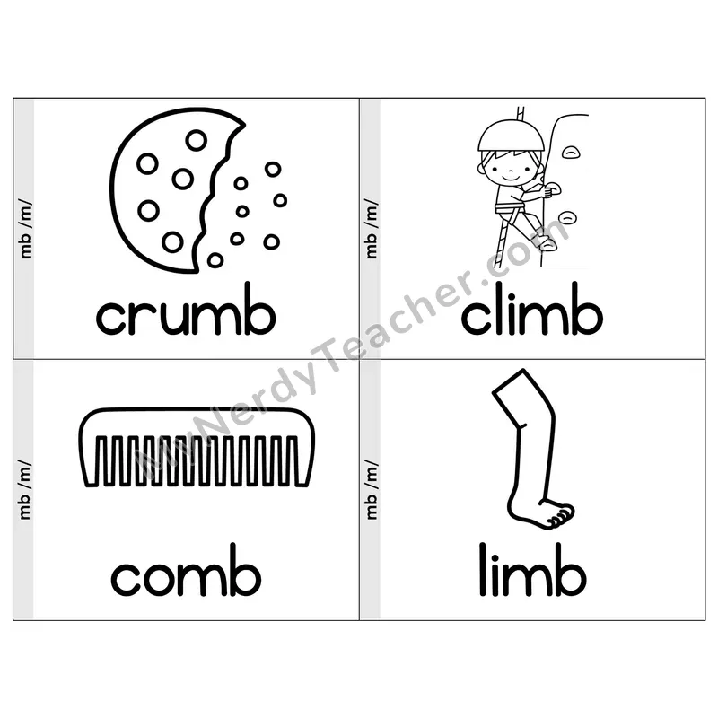 Silent Letter mb Phonics Flip Book — Picture & Word — B&W