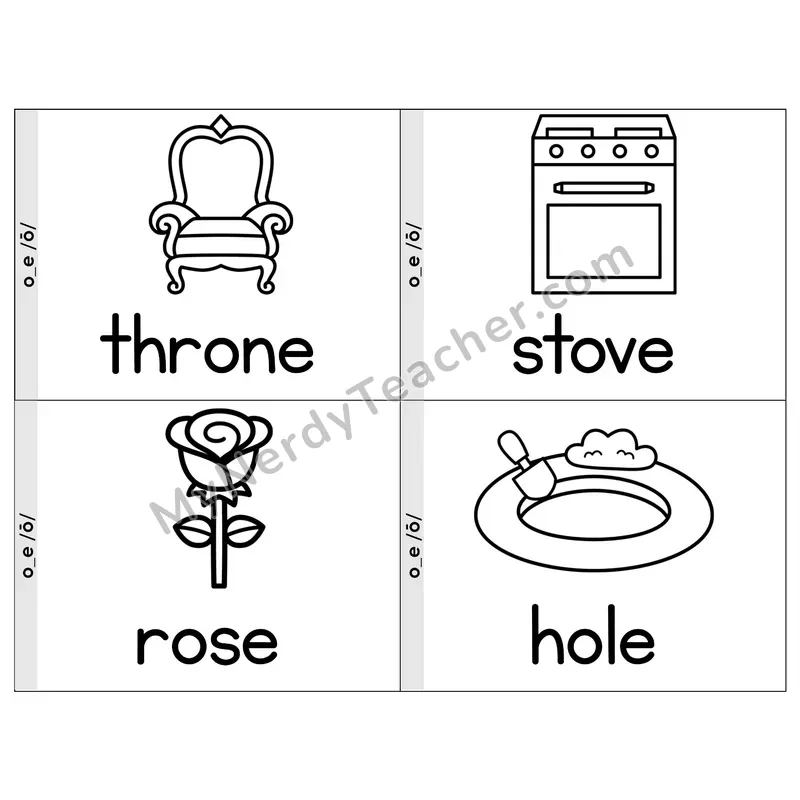 Long O (o_e) VCe Phonics Flip Book — Picture & Word — B&W