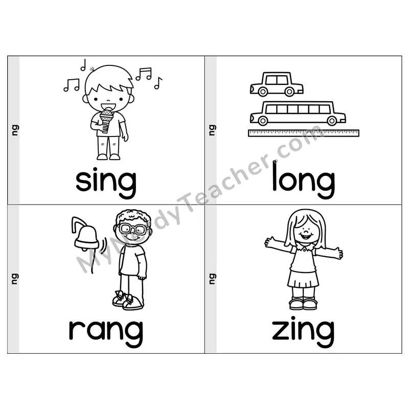 Digraph ng Phonics Flip Book — Picture & Word — B&W