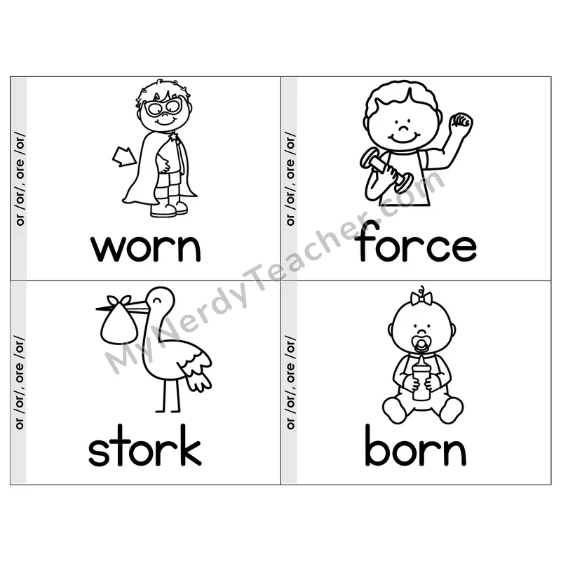 R-Controlled Vowels or/ore Phonics Flip Book — Picture & Word — B&W