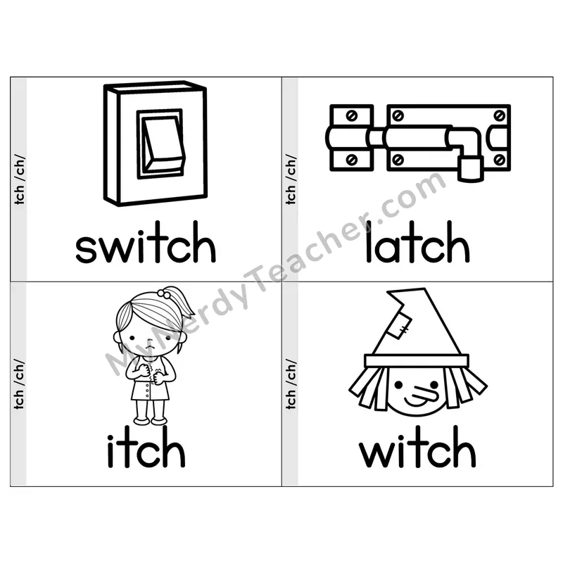 Trigraph tch Phonics Flip Book — Picture & Word — B&W