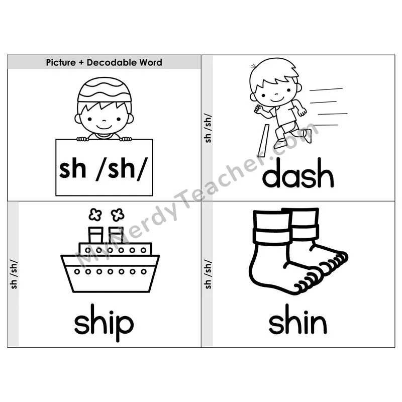 Digraph sh Phonics Flip Book — Picture & Word — B&W