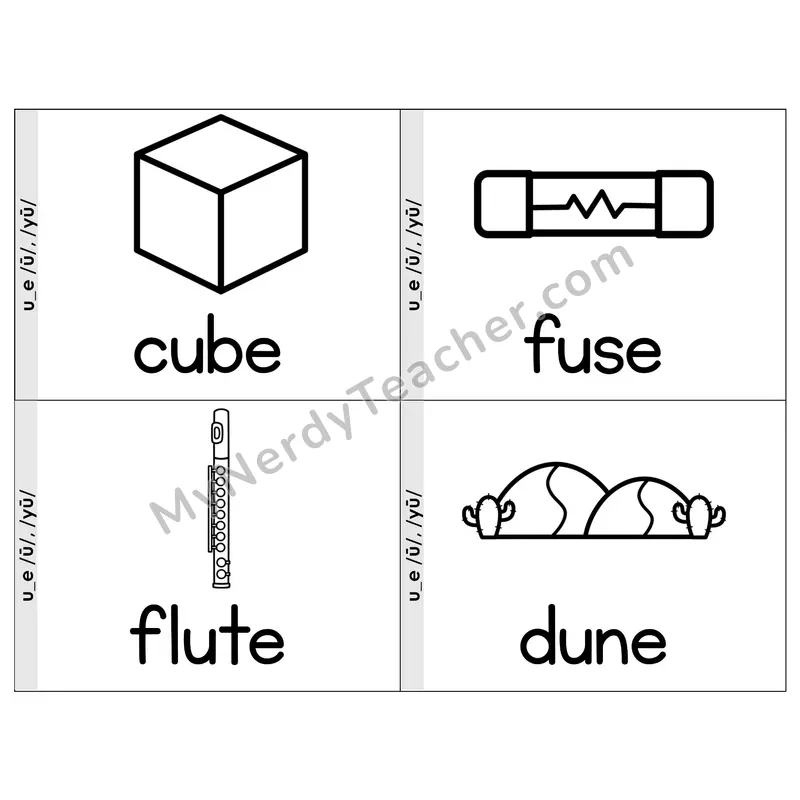 Long U (u_e) VCe Phonics Flip Book — Picture & Word — B&W