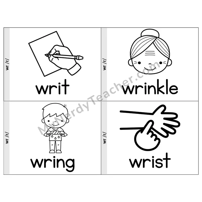 Silent Letter wr Phonics Flip Book — Picture & Word — B&W