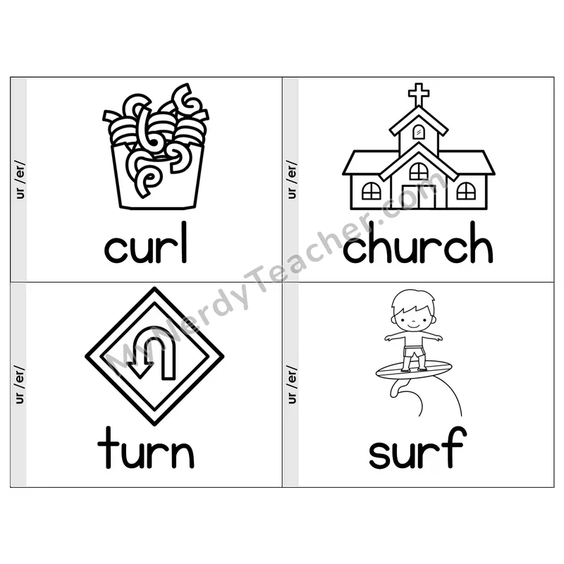 R-Controlled Vowel ur Phonics Flip Book — Picture & Word — B&W