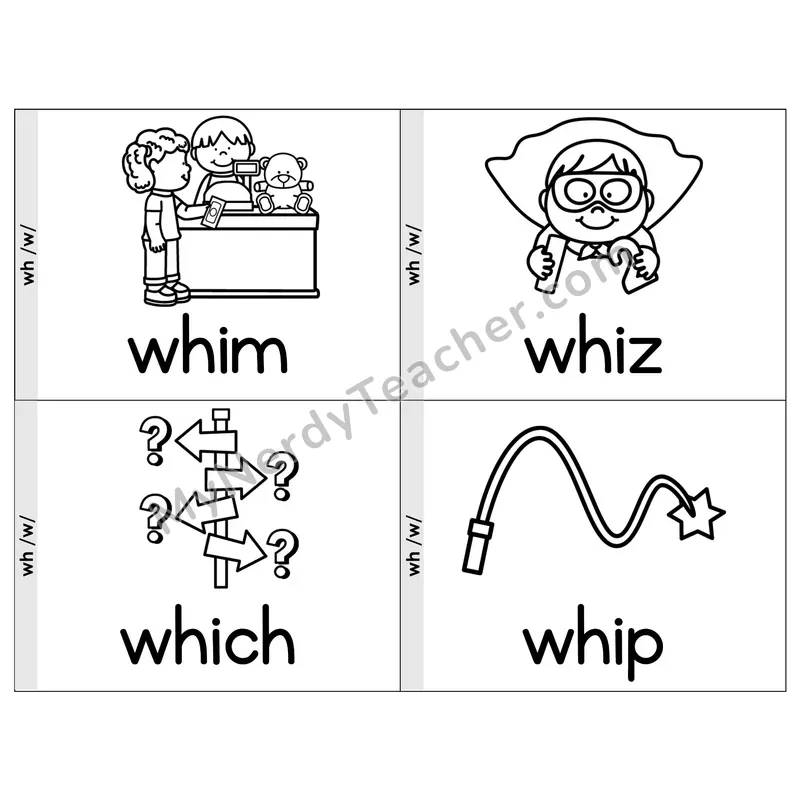 Digraph wh Phonics Flip Book — Picture & Word — B&W