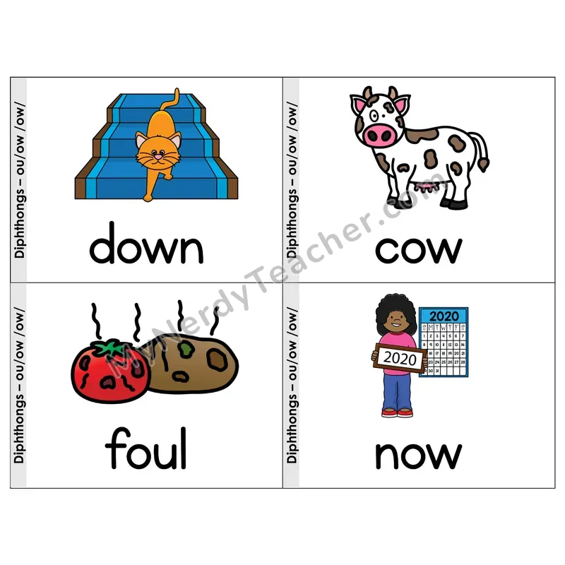 Diphthongs ou/ow Phonics Flip Book — Picture & Word
