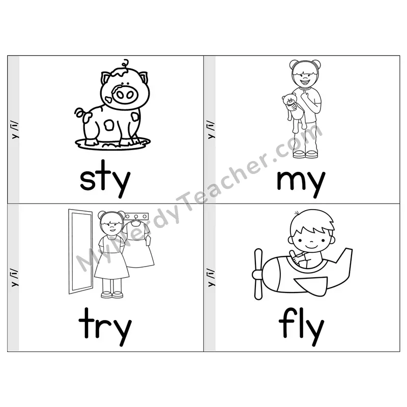 Y as Long I Phonics Flip Book — Picture & Word — B&W