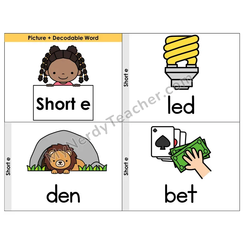 Short E CVC Words Phonics Flip Book — Picture & Word