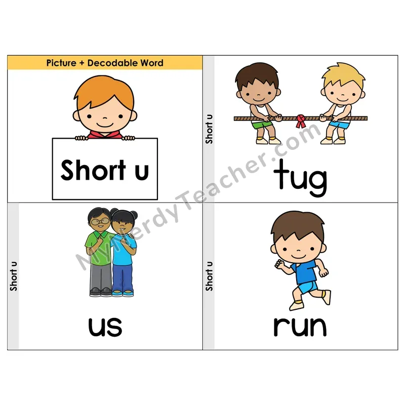 Short U CVC Words Phonics Flip Book — Picture & Word