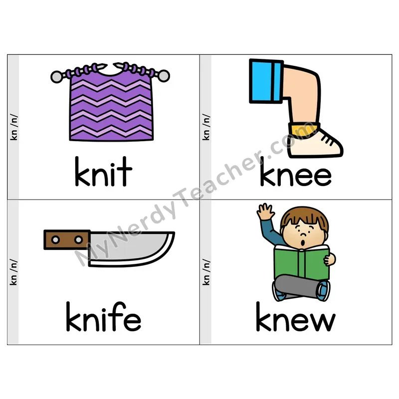 KN Silent Letter Phonics Flip Book — Picture & Word