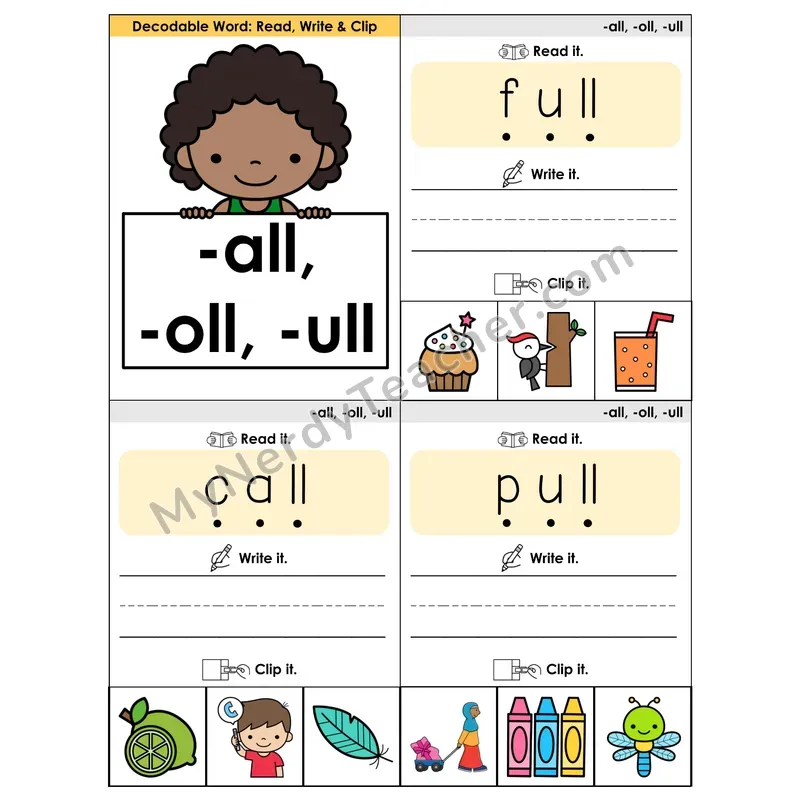 -all, -oll, -ull Word Families Phonics Flip Book — Blend, Segment, Write & Clip