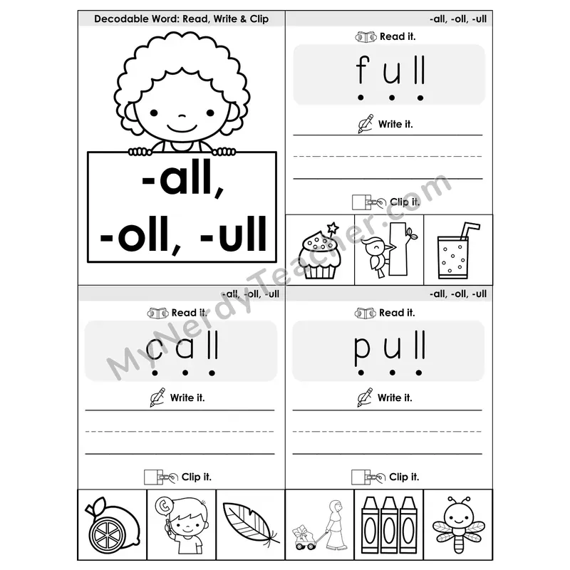 -all, -oll, -ull Word Families Phonics Flip Book — Blend, Segment, Write & Clip — B&W