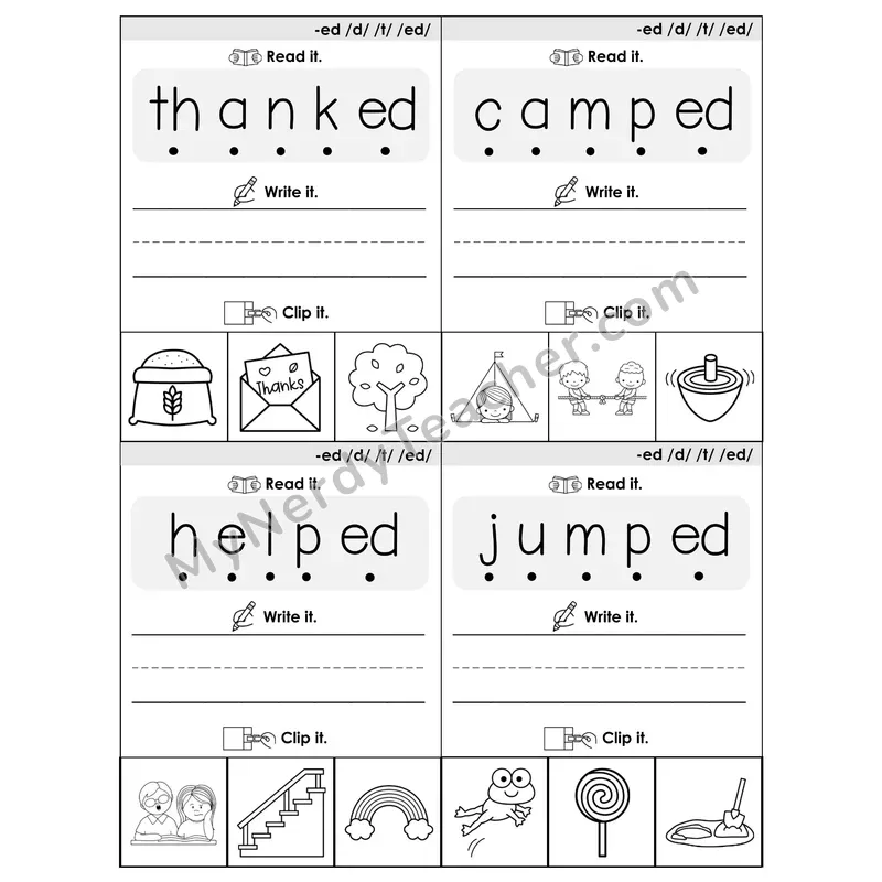 Reading -ed Ending Words Flip Book — Blend & Clip (B&W)