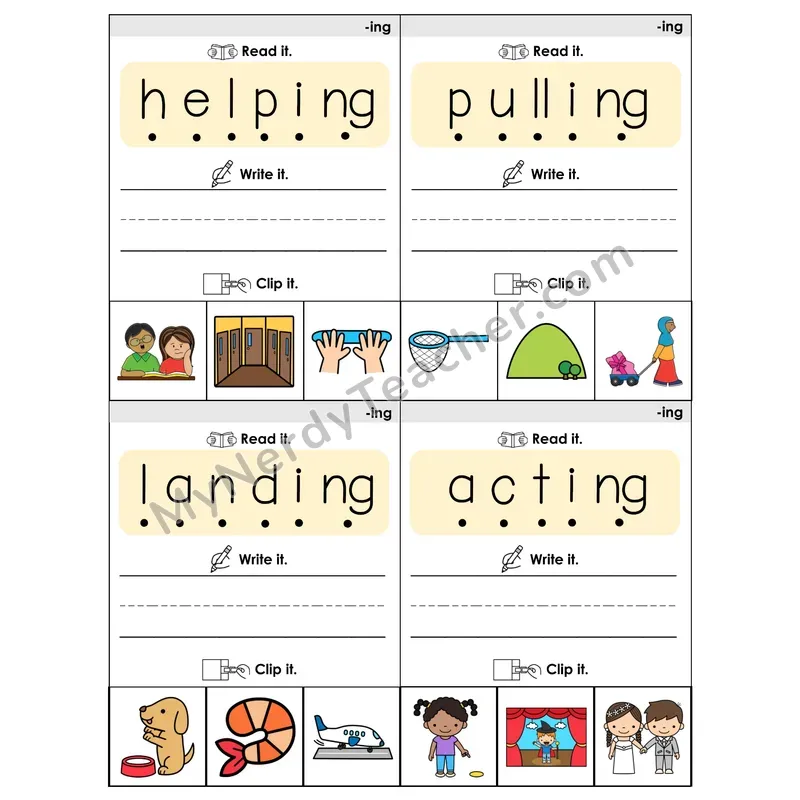 Reading -ing Ending Words Flip Book — Blend & Clip Pictures