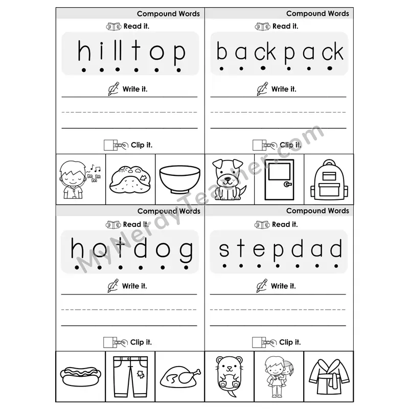Compound Words Phonics Flip Book — Blend, Segment, Write & Clip — B&W