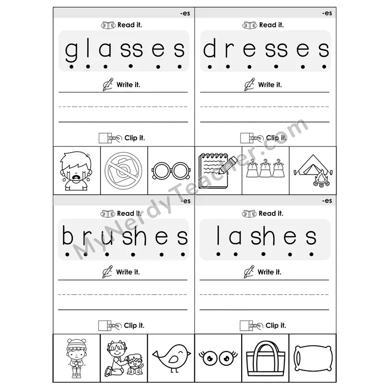 Reading -es Ending Words Flip Book — Blend & Clip (B&W)