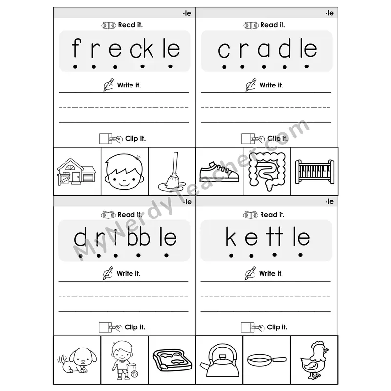 Reading -le Syllable Words Flip Book — Blend & Clip (B&W)