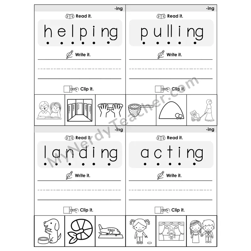 Reading -ing Ending Words Flip Book — Blend & Clip (B&W)