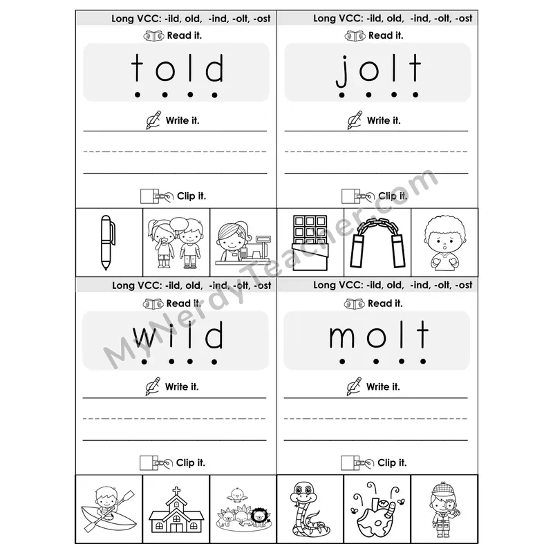 Long VCC (-ild, -old, -ind, -olt, -ost) Phonics Flip Book — Blend, Segment, Write & Clip — B&W
