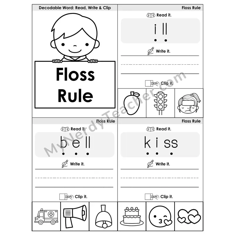 Floss Rule (-ff, -ll, -ss, -zz) Phonics Flip Book — Blend, Segment, Write & Clip — B&W